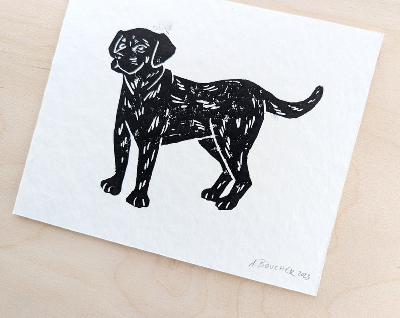 Dog Linocut Print, Black Lab Pit Bull Art Print, Small Wall Art on Paper, Block Print Art, Black Lab Art, Labrador Retriever Print image 2