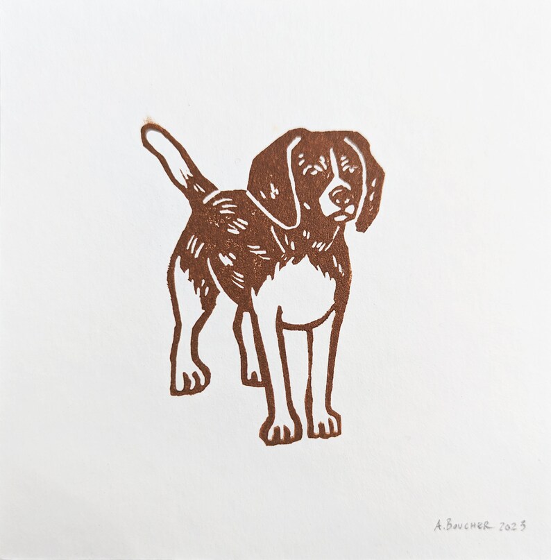 Beagle Dog Art Print, Small 5x5in Square Linocut Print on White Acid-Free Paper, Original Block Print image 3