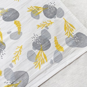 Yellow and Gray Tea Towel, Hand Printed 28x28 inch Block Print Cotton Kitchen Towel with Yellow and Gray Nature Pattern, Table Topper image 3