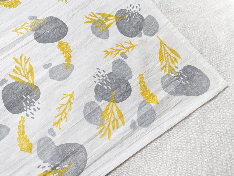 Yellow and Gray Tea Towel, Hand Printed 28x28 inch Block Print Cotton Kitchen Towel with Yellow and Gray Nature Pattern, Table Topper image 3