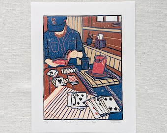 Grabado en linóleo - "Consultando el reglamento" - 8x10 pulgadas