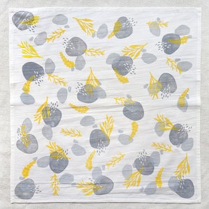 Yellow and Gray Tea Towel, Hand Printed 28x28 inch Block Print Cotton Kitchen Towel with Yellow and Gray Nature Pattern, Table Topper image 6