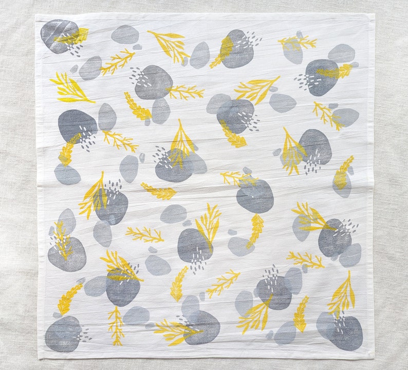 Yellow and Gray Tea Towel, Hand Printed 28x28 inch Block Print Cotton Kitchen Towel with Yellow and Gray Nature Pattern, Table Topper image 6