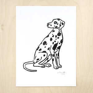Dalmatian Linocut Print Hand printed 6x8 linocut print Small Wall Art Bookshelf Art Gift for Dog Lover image 1