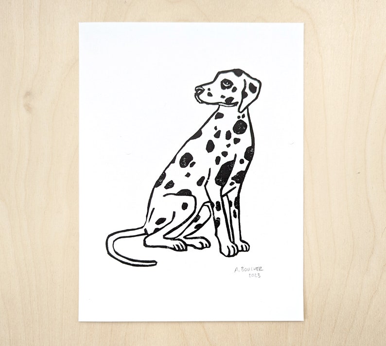 Dalmatian Linocut Print Hand printed 6x8 linocut print Small Wall Art Bookshelf Art Gift for Dog Lover image 1