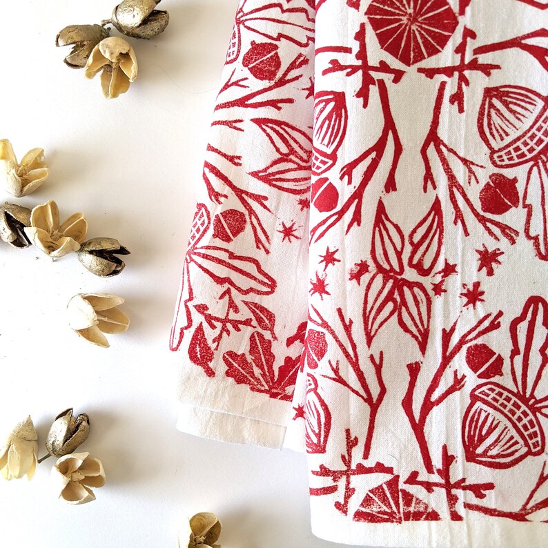 Block Print Tea Towel Christmas Kitchen Towel Red and White Etsy
