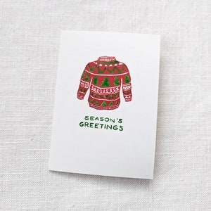 Biglietto d'auguri per maglione di Natale, biglietto d'auguri stampato a blocchi/dipinto a mano da 5x7 pollici in rosso e verde, interno vuoto