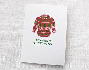 Christmas Sweater Greeting Card, Block Printed/Hand Painted 5x7 inch Greeting Card in Red and Green, Blank Inside