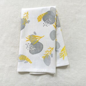 Yellow and Gray Tea Towel, Hand Printed 28x28 inch Block Print Cotton Kitchen Towel with Yellow and Gray Nature Pattern, Table Topper image 2