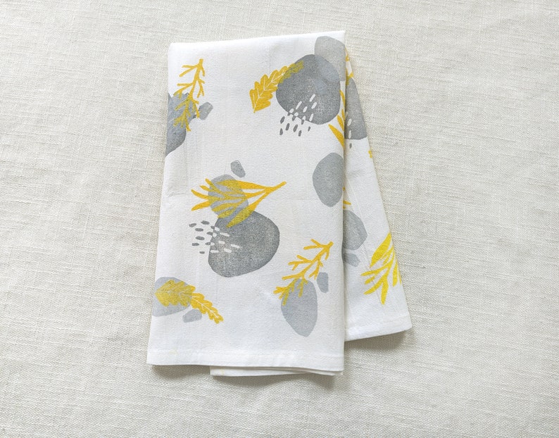 Yellow and Gray Tea Towel, Hand Printed 28x28 inch Block Print Cotton Kitchen Towel with Yellow and Gray Nature Pattern, Table Topper image 2