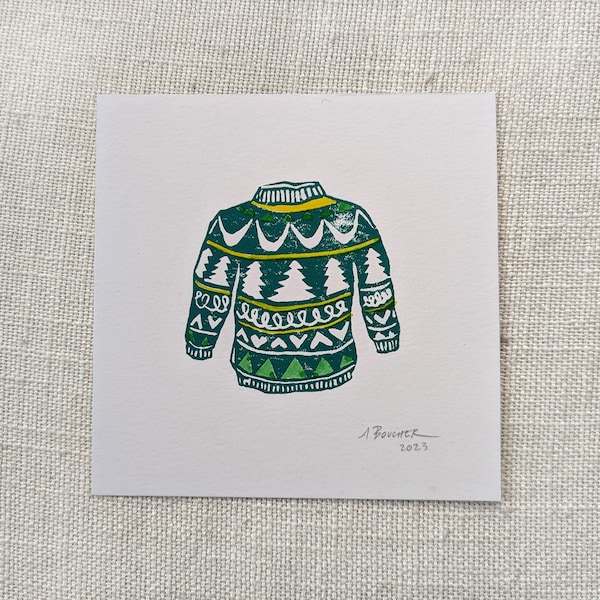 Teal Sweater Linocut Print, 5x5 inch Handprinted Original Linocut Print with Hand Painted Gouache Accents