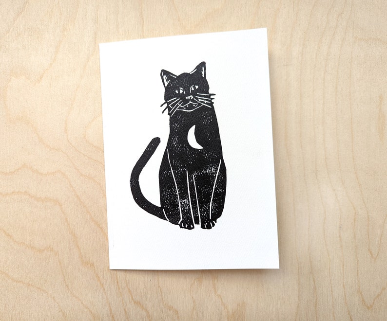 Carte de vœux pour chat, carte de vœux 5 x 7 imprimée à la main avec intérieur vierge, carte de vœux imprimée en bloc avec design de chat, carte de note Single Card