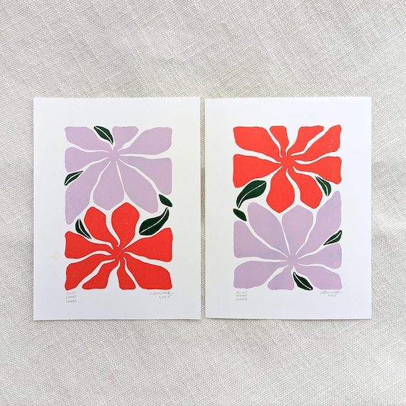 Set of 2 Original Linocut Prints - Lilac Purple and Red Flowers - Ink on Paper - Printed by Hand
