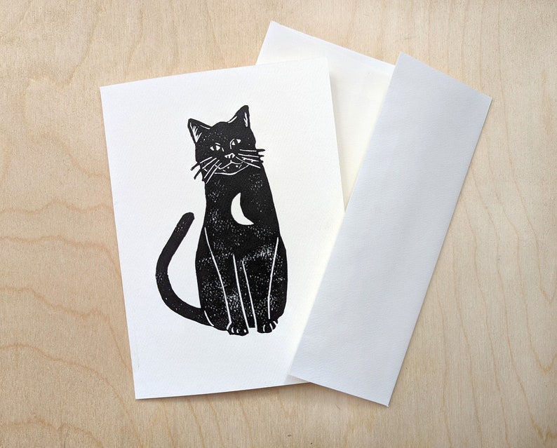 Carte de vœux pour chat, carte de vœux 5 x 7 imprimée à la main avec intérieur vierge, carte de vœux imprimée en bloc avec design de chat, carte de note image 1
