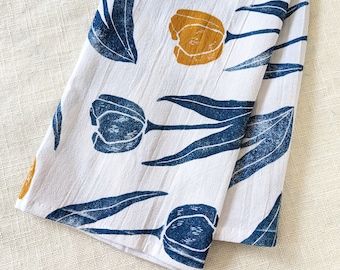 Tulip Tea Towel, Block Printed Cotton Kitchen Towel, 28 x 28 inches, Large Square Kitchen Towel, Spring Kitchen Decor