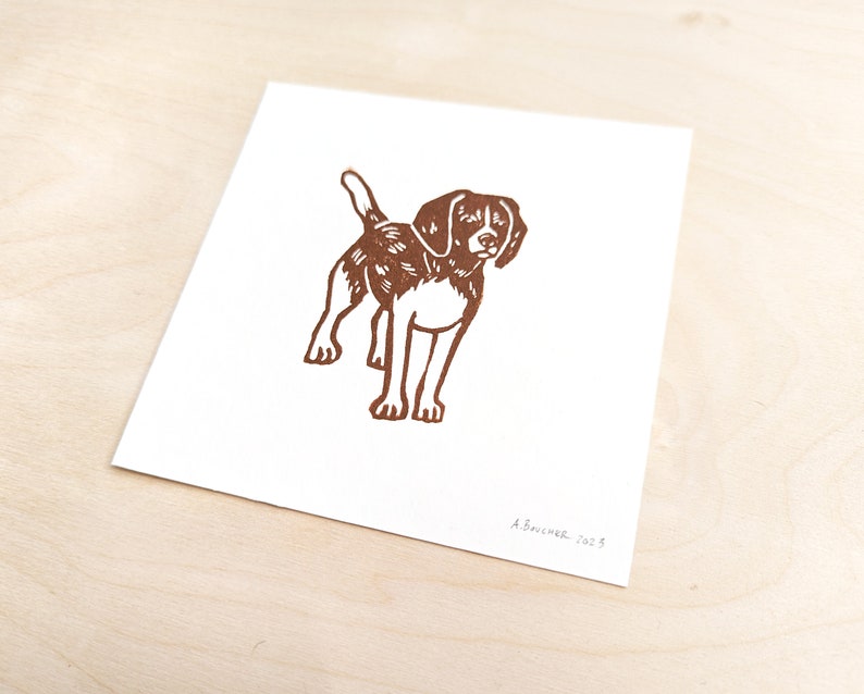 Beagle Dog Art Print, Small 5x5in Square Linocut Print on White Acid-Free Paper, Original Block Print image 2