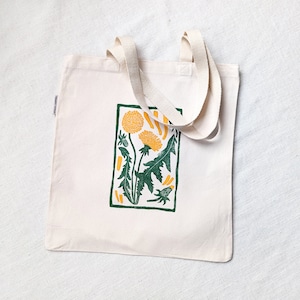 Dandelion Tote Bag, Block Printed Organic Cotton Canvas Bag, 14x15 inches image 1