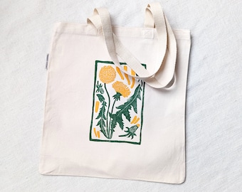 Dandelion Tote Bag, Block Printed Organic Cotton Canvas Bag, 14x15 inches