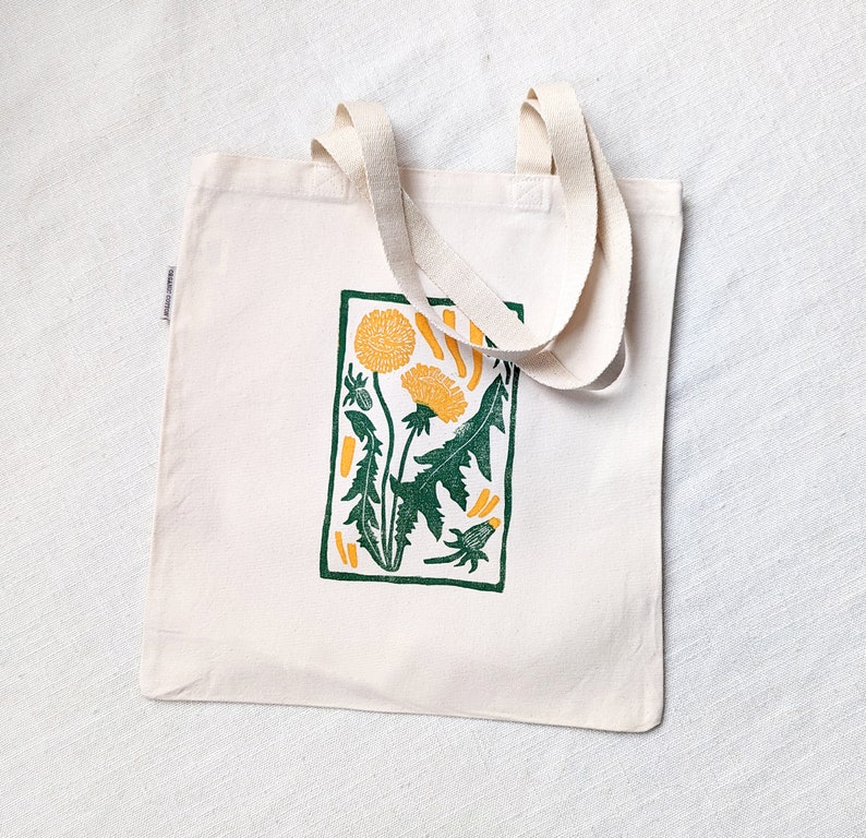 Dandelion Tote Bag, Block Printed Organic Cotton Canvas Bag, 14x15 inches image 1