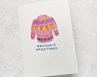 Carte de vœux pull de Noël, carte de vœux imprimée en bloc/peinte à la main de 5 x 7 pouces en rose jaune et bleu, intérieur vierge