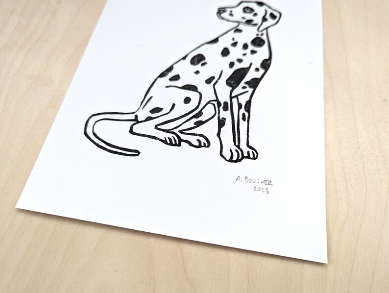 Dalmatian Linocut Print Hand printed 6x8 linocut print Small Wall Art Bookshelf Art Gift for Dog Lover image 2
