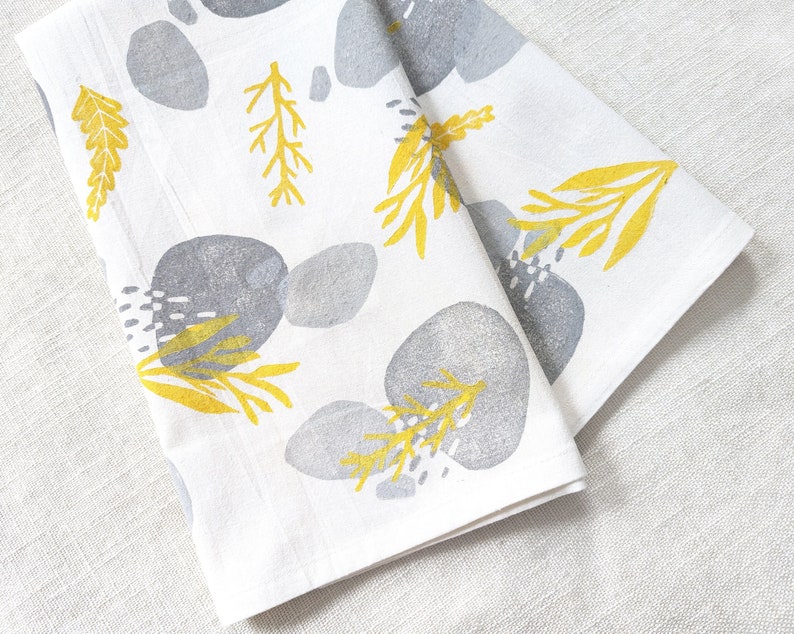 Yellow and Gray Tea Towel, Hand Printed 28x28 inch Block Print Cotton Kitchen Towel with Yellow and Gray Nature Pattern, Table Topper image 1