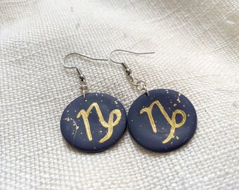 Clay Earrings | Handmade, Hand-painted Capricorn Dangle Earrings | Polymer Clay and Stainless Steel | 1-inch Round Dangle Earrings