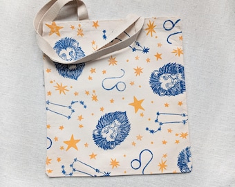 Leo Zodiac Tote Bag - Handprinted Linocut - Heavy Organic Cotton Canvas