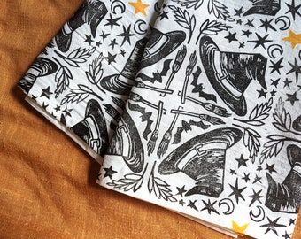 Pano de prato de Halloween, pano de prato de bruxa, toalha de algodão de 28 x 28 polegadas, toalha de mesa pequena, pano de prato com estampa de blocos, pano de prato de saco de farinha