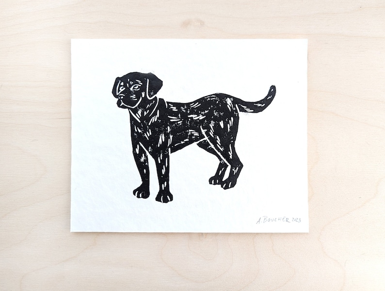 Dog Linocut Print, Black Lab Pit Bull Art Print, Small Wall Art on Paper, Block Print Art, Black Lab Art, Labrador Retriever Print Black