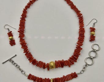 Natural Red Coral Bead Jewelry Set - 18" Necklace & Earrings, 6-14mm Round Beads, Silver Plated 6 thumbnail image