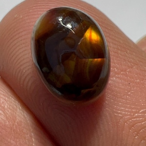 May include: A polished, oval-shaped gemstone with a rich, dark brown base color. The stone has internal patterns of orange and yellow, creating a fiery, iridescent effect. The gem is held between fingers.