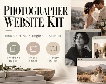 Template per sito web di fotografo / Kit portfolio HTML modificabile / Inglese e spagnolo / Editor di foto e guida alla configurazione