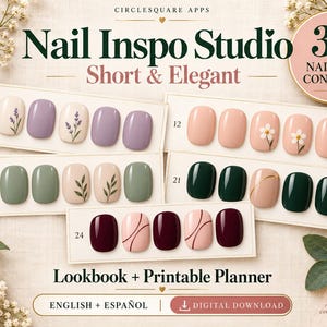 May include: A digital lookbook and printable planner titled Nail Inspo Studio Short & Elegant featuring 30 nail-set concepts. The image displays five sets of five press-on nails in various colors including lavender, pink, green, and dark red.