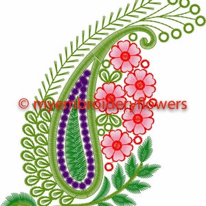 May include: An embroidery design featuring a paisley shape with green, purple, and pink floral elements. The pattern includes a central green paisley, purple accents, and pink flowers with green leaves. The text myembroideryflowers is visible.