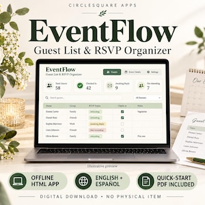 Peut inclure: Un écran d'ordinateur portable affiche l'interface du logiciel EventFlow Guest List & RSVP Organizer, présentant les noms des invités, les groupes et les statuts. Le tableau de bord inclut des statistiques sur les invités et les réponses.