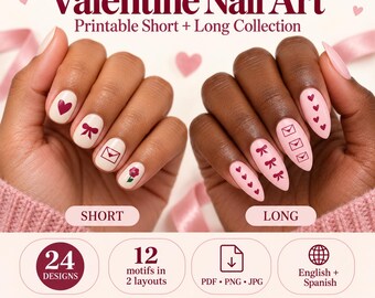 Utskrivbart paket med nagelkonst för Alla hjärtans dag, 24 korta och långa dekaldesigner, hjärtan, rosetter, rosor PNG JPG PDF, digital nedladdning
