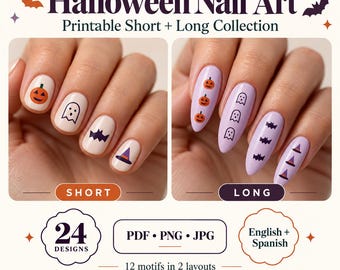 Utskrivbart Halloween-nagelkonstpaket, 24 korta och långa dekaldesigner, pumpa, spöke, fladdermus PNG JPG PDF, digital nedladdning