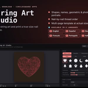 May include: Digital download String Art Studio software interface featuring a heart-shaped string art design. The dashboard includes options for shapes, names, geometric patterns, and photo portraits, with settings for nail spacing, thread density, and board dimensions in inches.