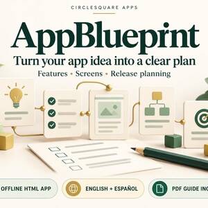 AppBlueprint — Planificador de desarrollo de aplicaciones, seguimiento de funciones y errores, herramienta de planificación de proyectos, HTML sin conexión, inglés y español