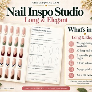 May include: A digital download set titled Nail Inspo Studio Long & Elegant, featuring a design planning sheet and a list of contents including a 20-page bilingual lookbook, 30 long-nail concepts, 6 reusable planning pages, and 6 PNG sheets.
