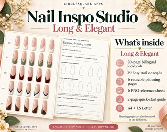 Long Nail Design Lookbook & Planner | 30 Nail Art Concepts | Printable PDF + PNG | English and Spanish