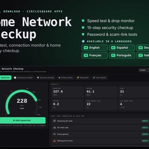 May include: A digital download for Home Network Checkup by Circlesquare Apps. The interface features a speed test gauge, connection monitor, and security tools. It displays download and upload speeds, ping, jitter, and connection quality ratings for streaming, video calls, gaming, and working from home.