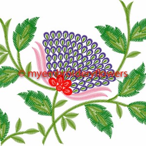 May include: An embroidery design featuring a central flower with purple petal-like shapes, a red base, and light pink accents. The flower is surrounded by green stems and leaves. The text myembroideryflowers is printed in red across the center.