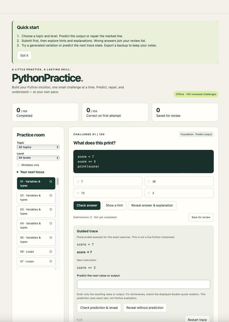 PythonPractice — Python Coding Exercises for Beginners, 100 Challenges + 50 Variations, Offline App, English and Spanish image 2
