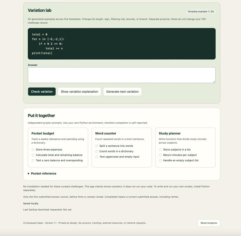 PythonPractice — Python Coding Exercises for Beginners, 100 Challenges + 50 Variations, Offline App, English and Spanish image 4