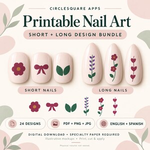 May include: A digital download of printable nail art designs by Circlesquare Apps. The bundle includes 24 designs in PDF, PNG, and JPG formats for short and long nails, featuring floral, bow, and leaf motifs in red, green, and purple.