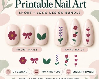Utskrivbara nageldekaler, 24 korta och långa nageldesigner, vattenrutschkana i PDF-format, PNG JPG-filer, digital nedladdning