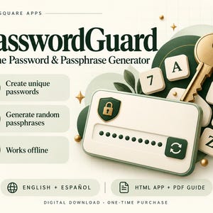 以下が含まれることがあります： 「PasswordGuard Offline Password & Passphrase Generator」のテキスト、金の鍵、文字が刻まれた散らばったキーボードのキー、南京錠のアイコンが付いた白い長方形のインターフェースが描かれたPasswordGuardデジタル製品グラフィック。
