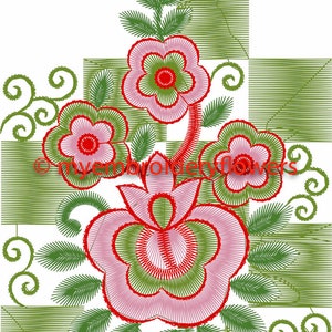 May include: An embroidery design featuring a large central pink flower with green accents, surrounded by three smaller pink flowers, green leaves, and swirling vine patterns. The text myembroideryflowers is visible in red.